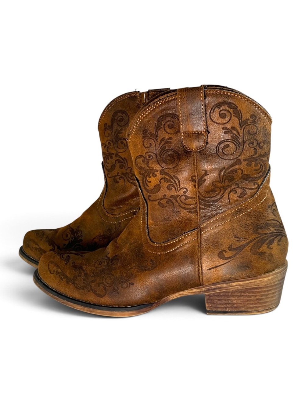 Roper Short Stuff Brown Laser Etched Floral Western Cowboy Ankle Boots Size 8.5